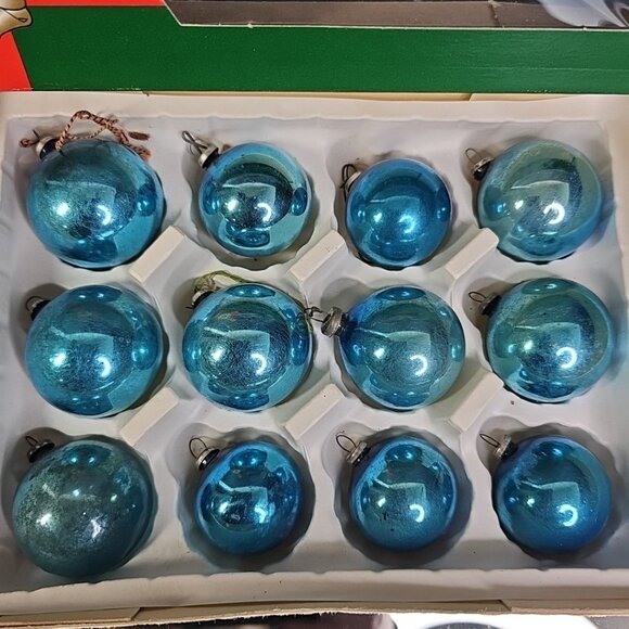 Vintage Glass Christmas Balls Ornaments Baubles BLUE Round Japan Caps Set Of 12 - Picture 1 of 14